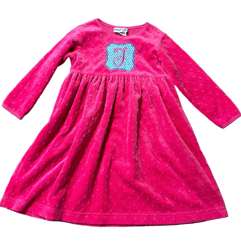 Kelly’s Kids pink minky dot long sleeve dress with appliquéd F monogram XS 3-4